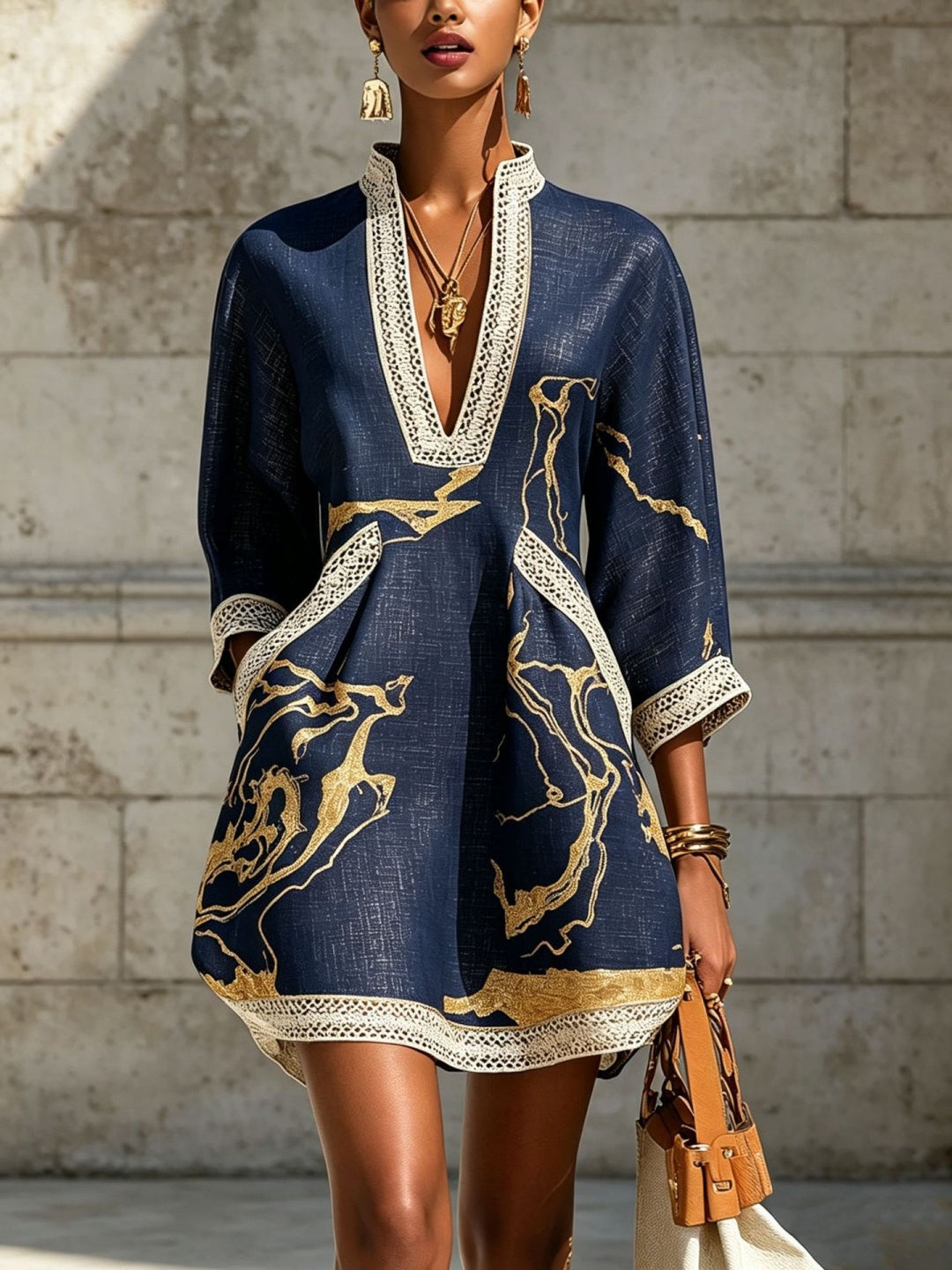 Solena Embroidered Caftan Mini Dress - Navy