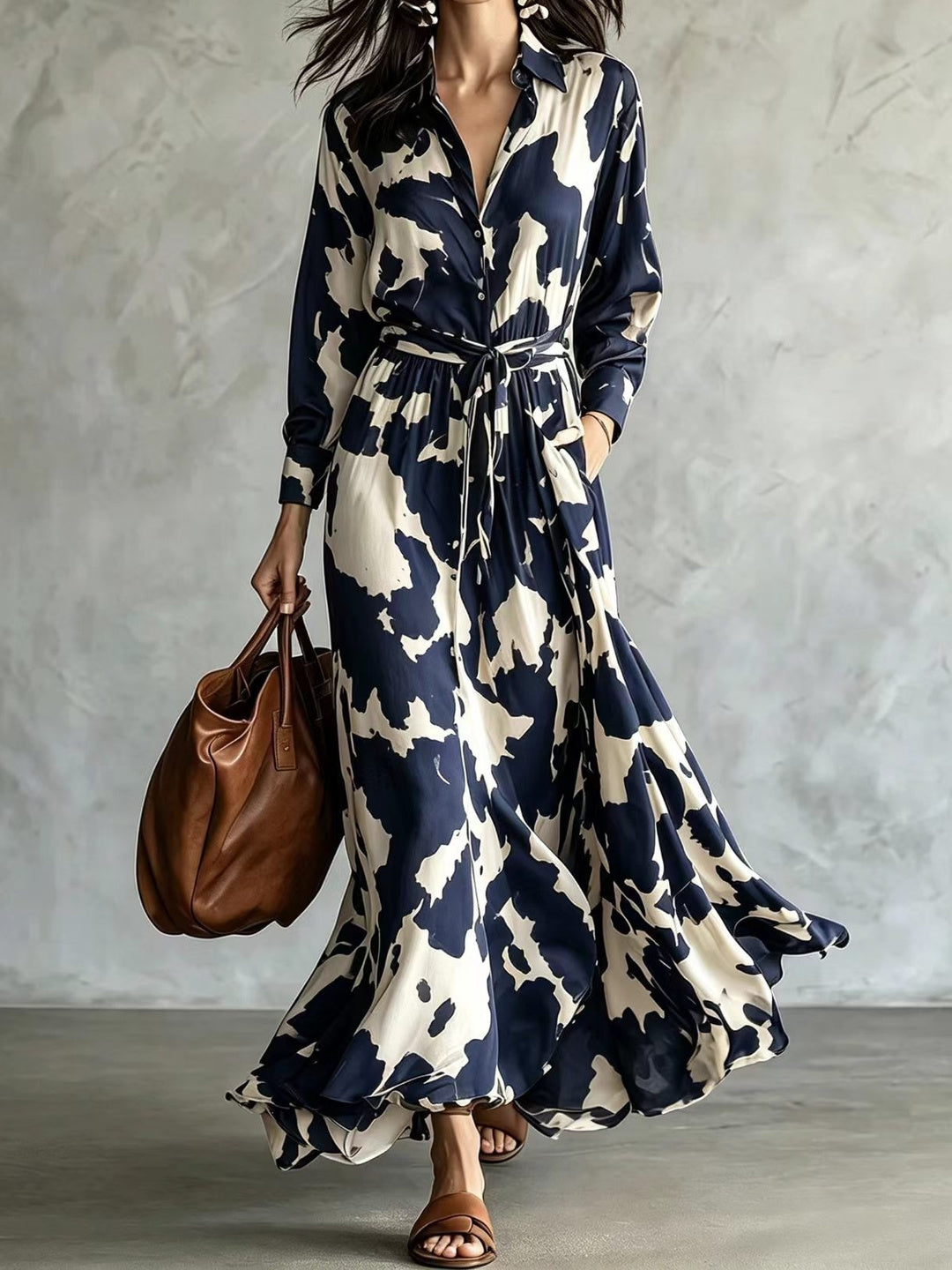 Maremma Abstract-Print Belted Maxi Dress - Coffee