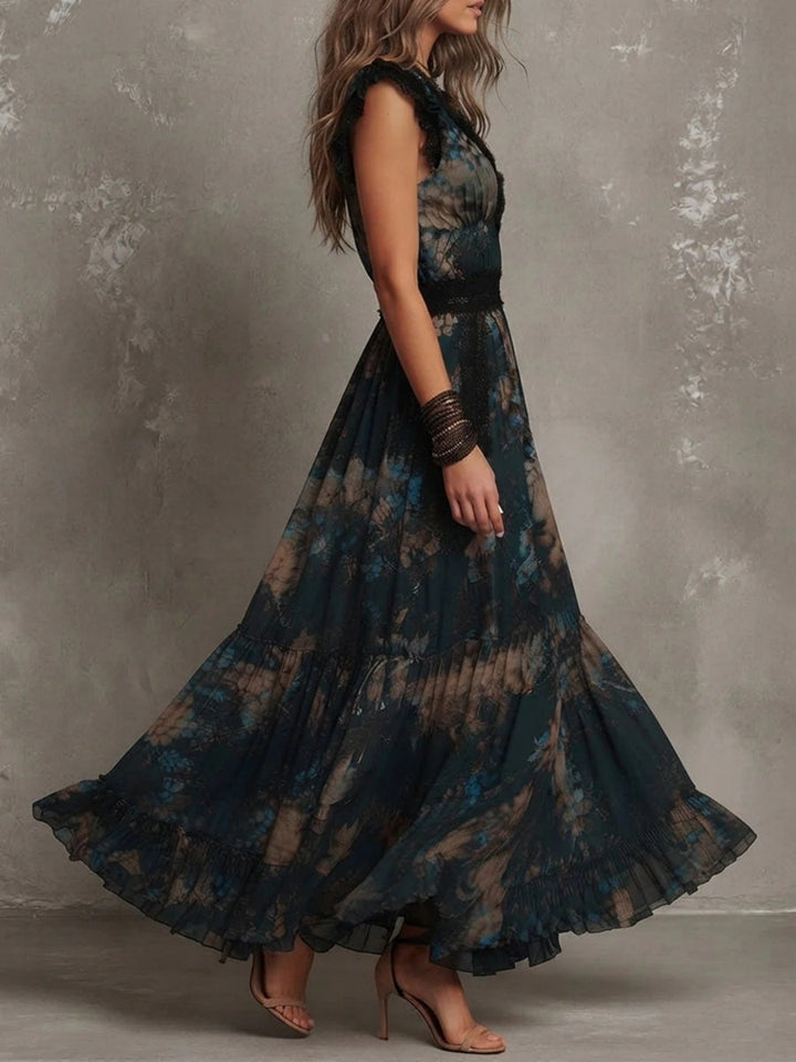 Noa Black Floral Lace Cap-Sleeve Maxi Dress