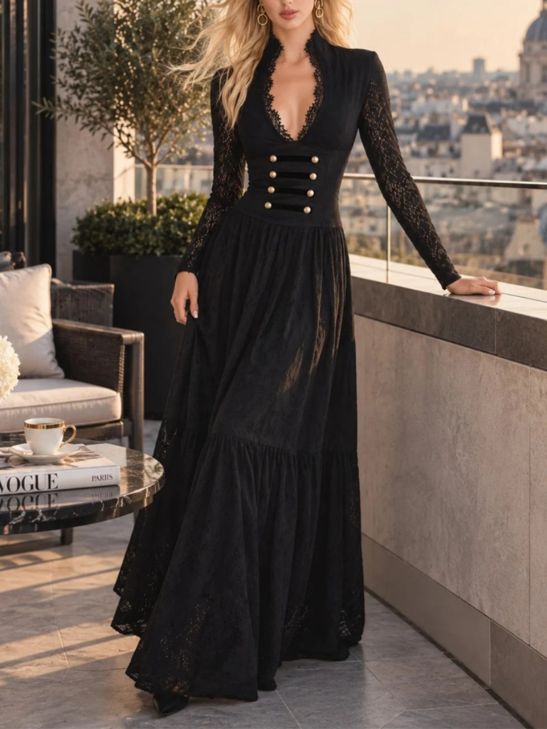 Aurelia Lace-Sleeve Velvet Maxi Dress