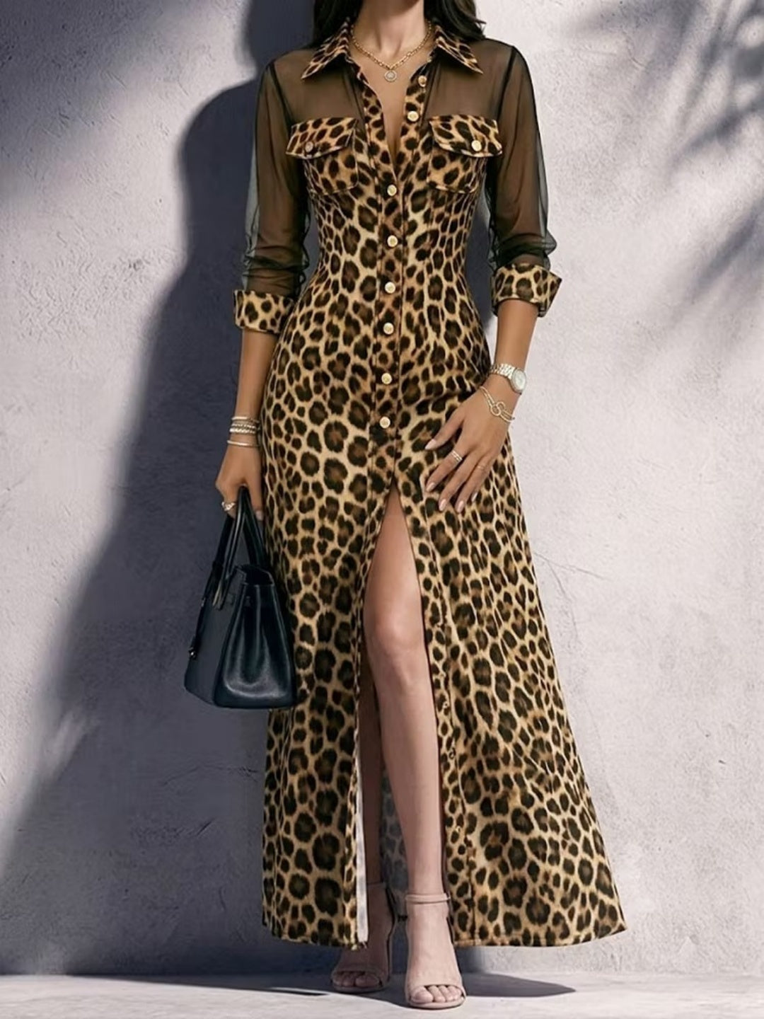 Cora Leopard Print Shirt Maxi Dress