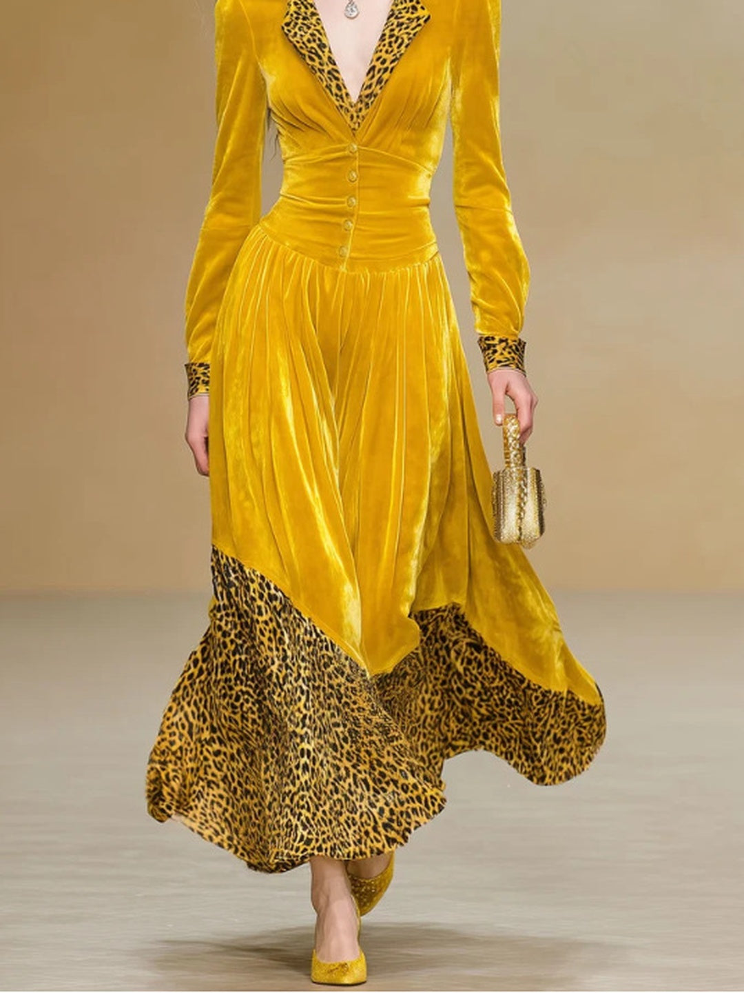 Marisol Velvet Leopard-Hem Maxi Dress