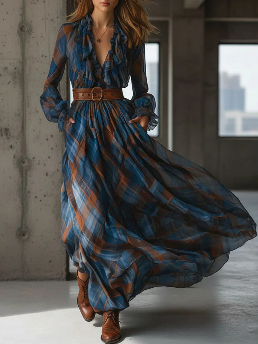Paloma Blue Rust Print Belted Maxi Dress