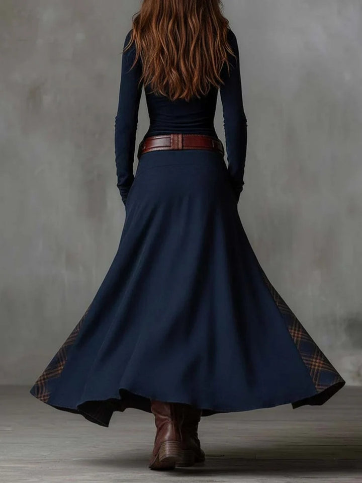 Noa Navy Plaid-Panel Button Maxi Dress