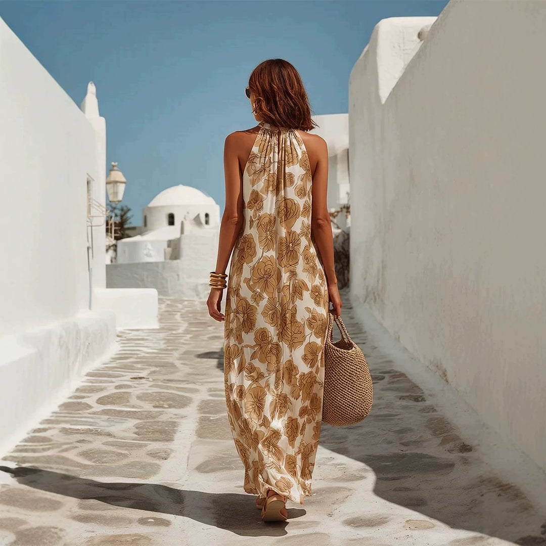 Celeste Tan Print Halter Maxi Dress