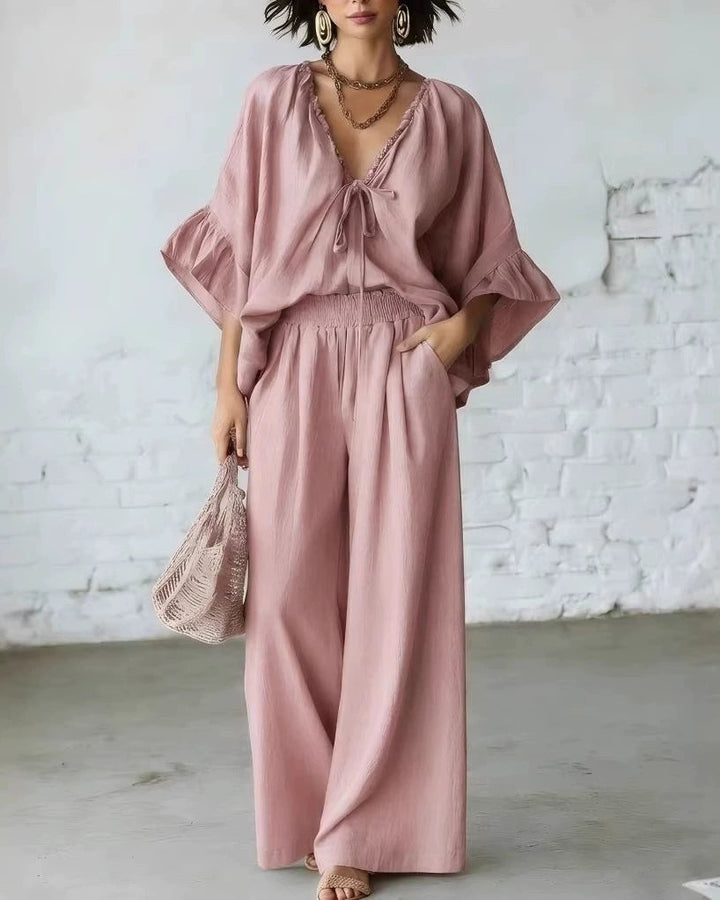 Sienna Sky Blue Tie-Front Wide-Leg Pants Set