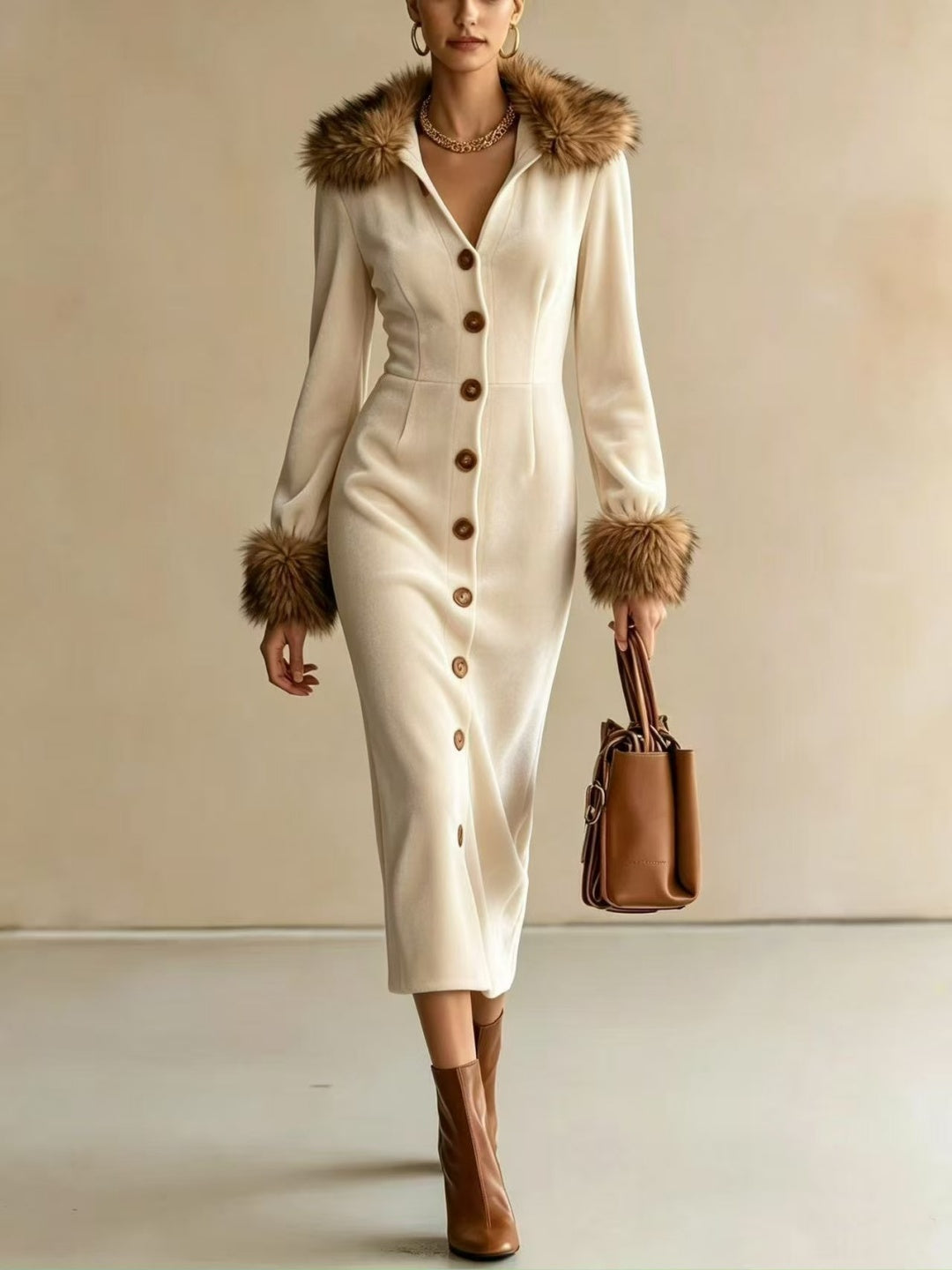 Fitted Midi Dress With Fluffy Trim