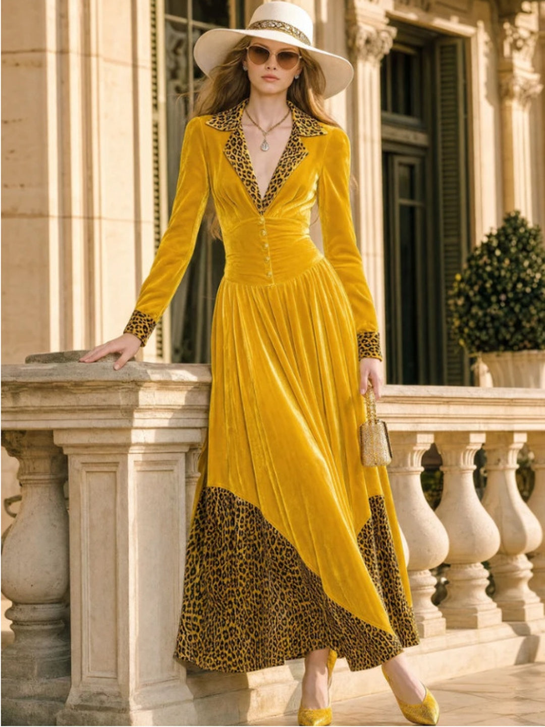 Marisol Velvet Leopard-Hem Maxi Dress