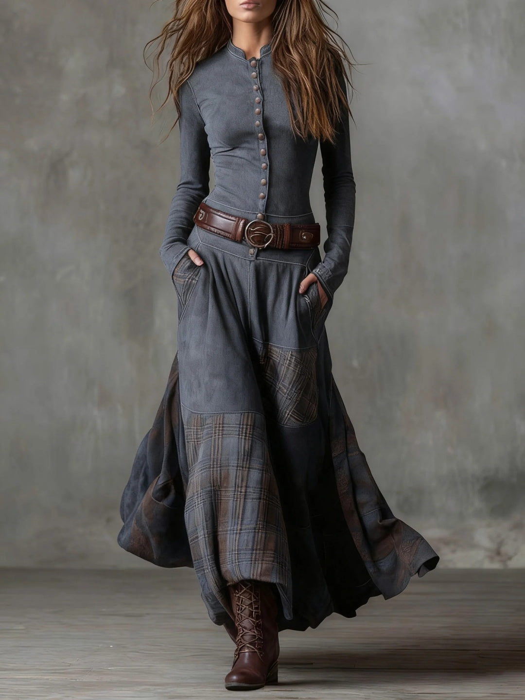 Noa Navy Plaid-Panel Button Maxi Dress