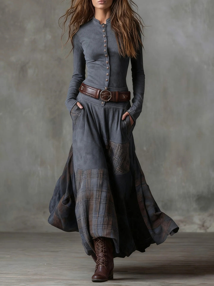 Noa Navy Plaid-Panel Button Maxi Dress