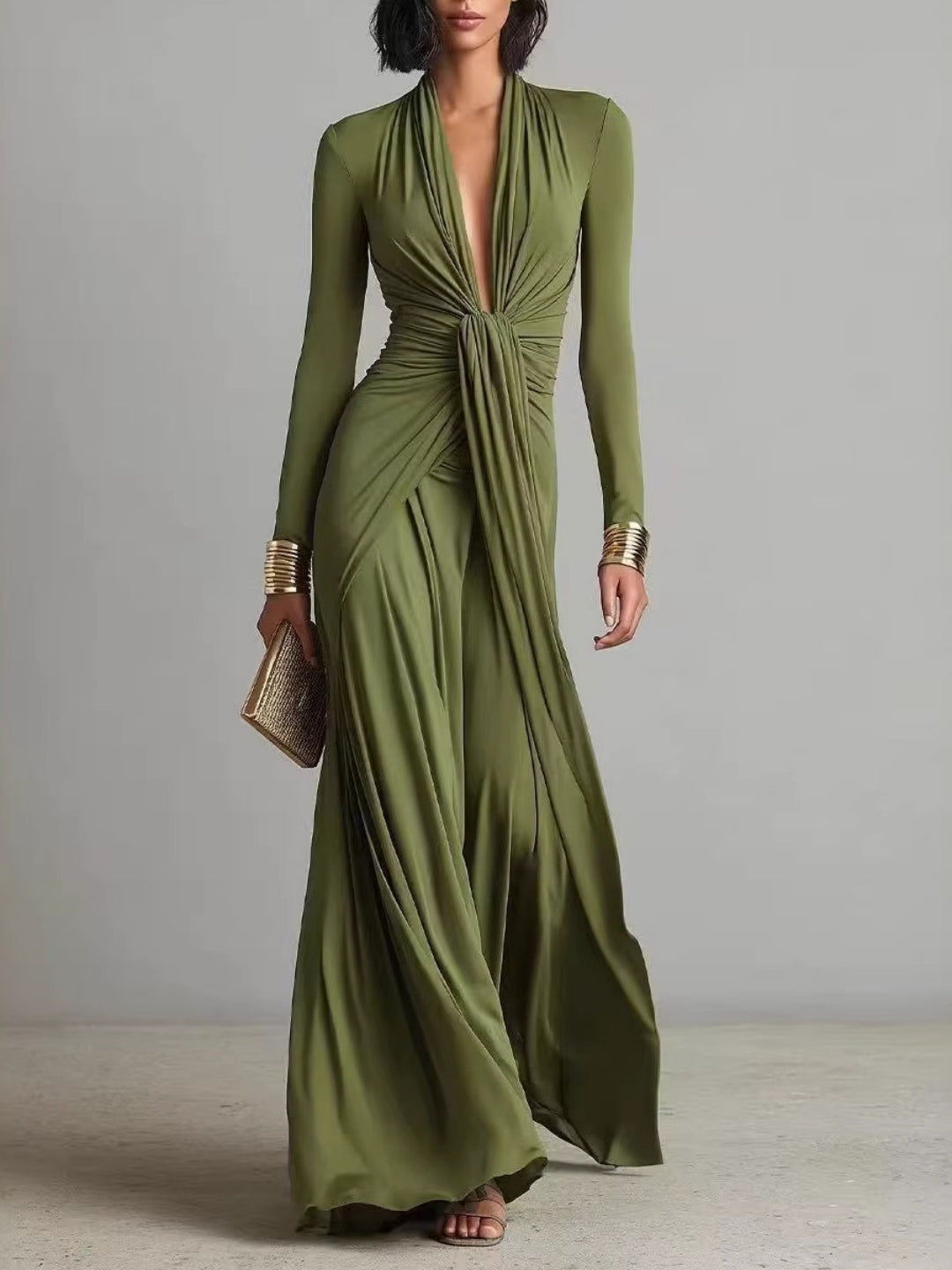 Elena Olive Twist-Front Long-Sleeve Maxi Dress