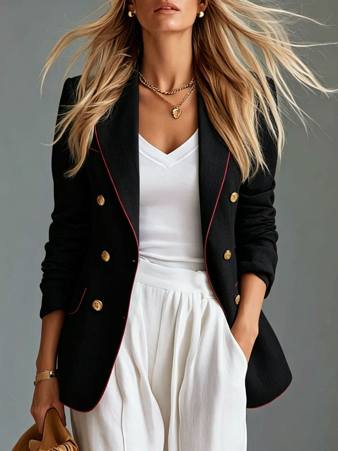 Nerina Piped Double-Breasted Blazer - Navy