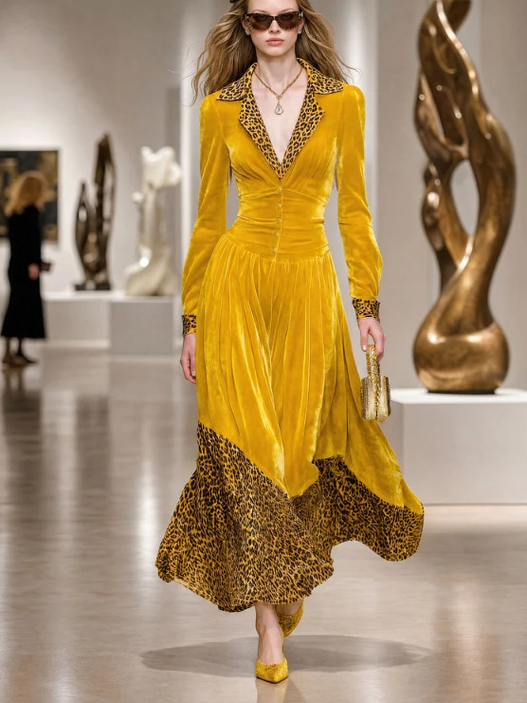 Marisol Velvet Leopard-Hem Maxi Dress