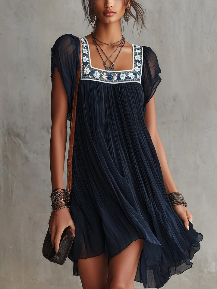 Marina Navy Embroidered Square-Neck Mini Dress