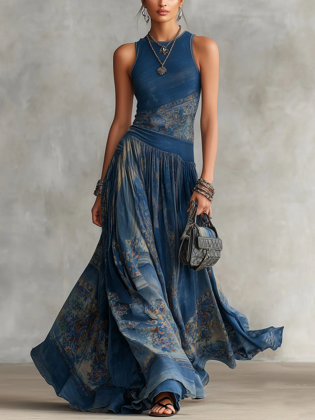 Capri Blue Print Top and Maxi Skirt Set