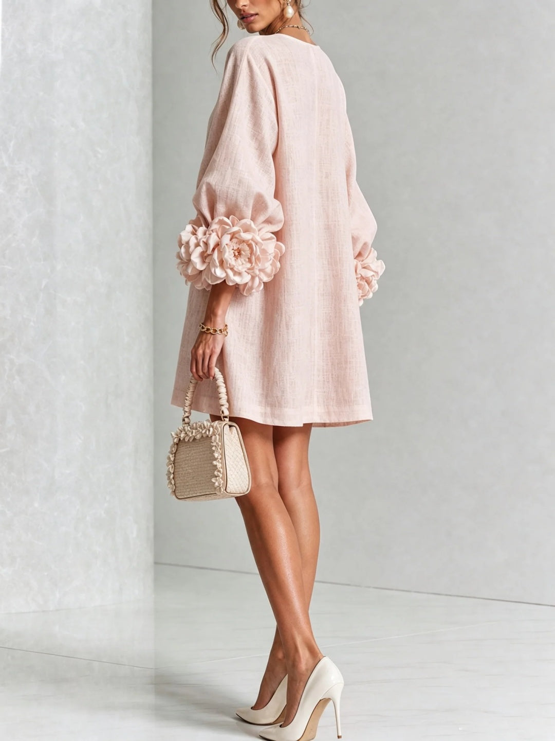 Rosalia Blush Floral-Cuff Button Mini Dress