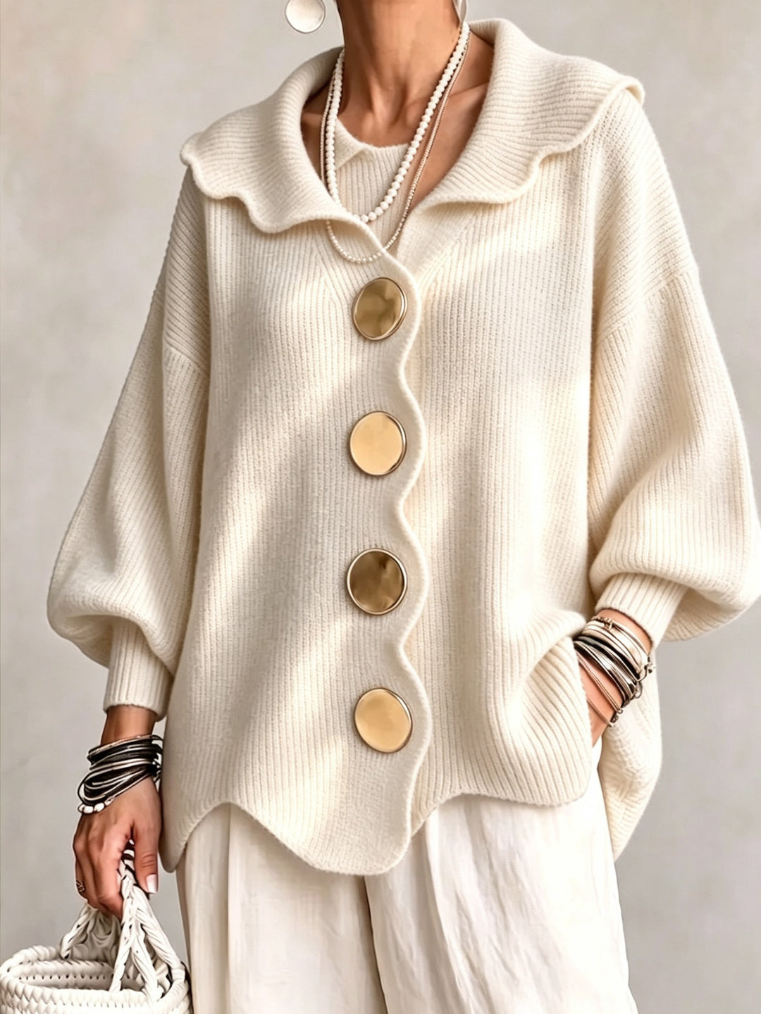 Delfina Scallop-Collar Statement Cardigan
