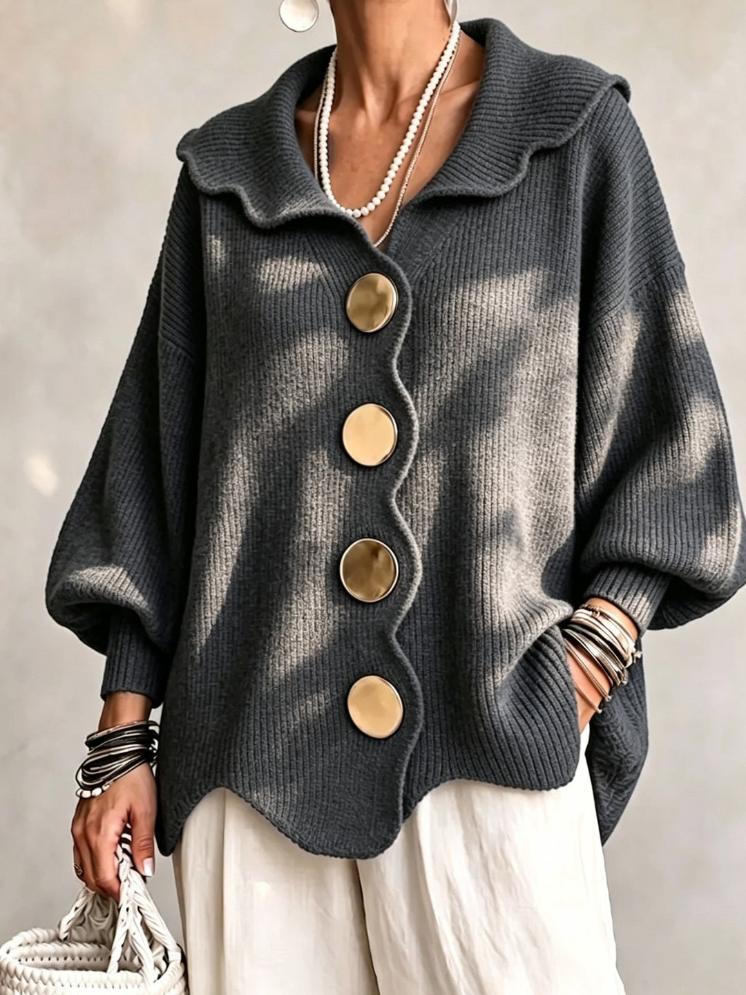 Delfina Scallop-Collar Statement Cardigan