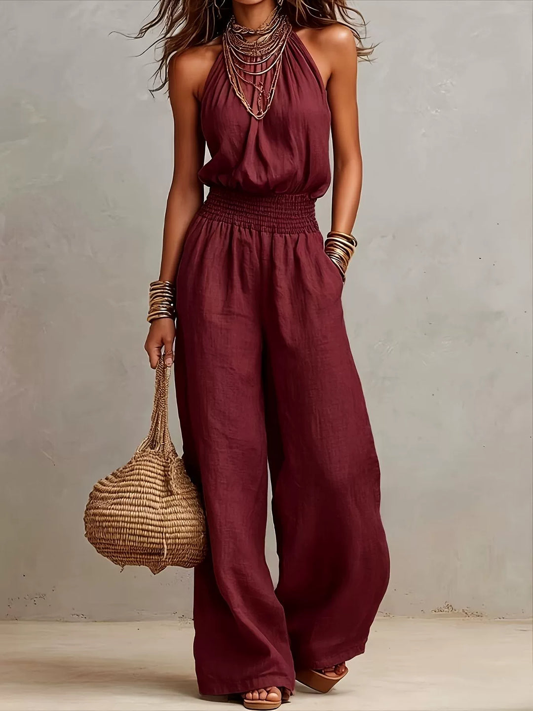Dahlia Beige Sleeveless Pants Set