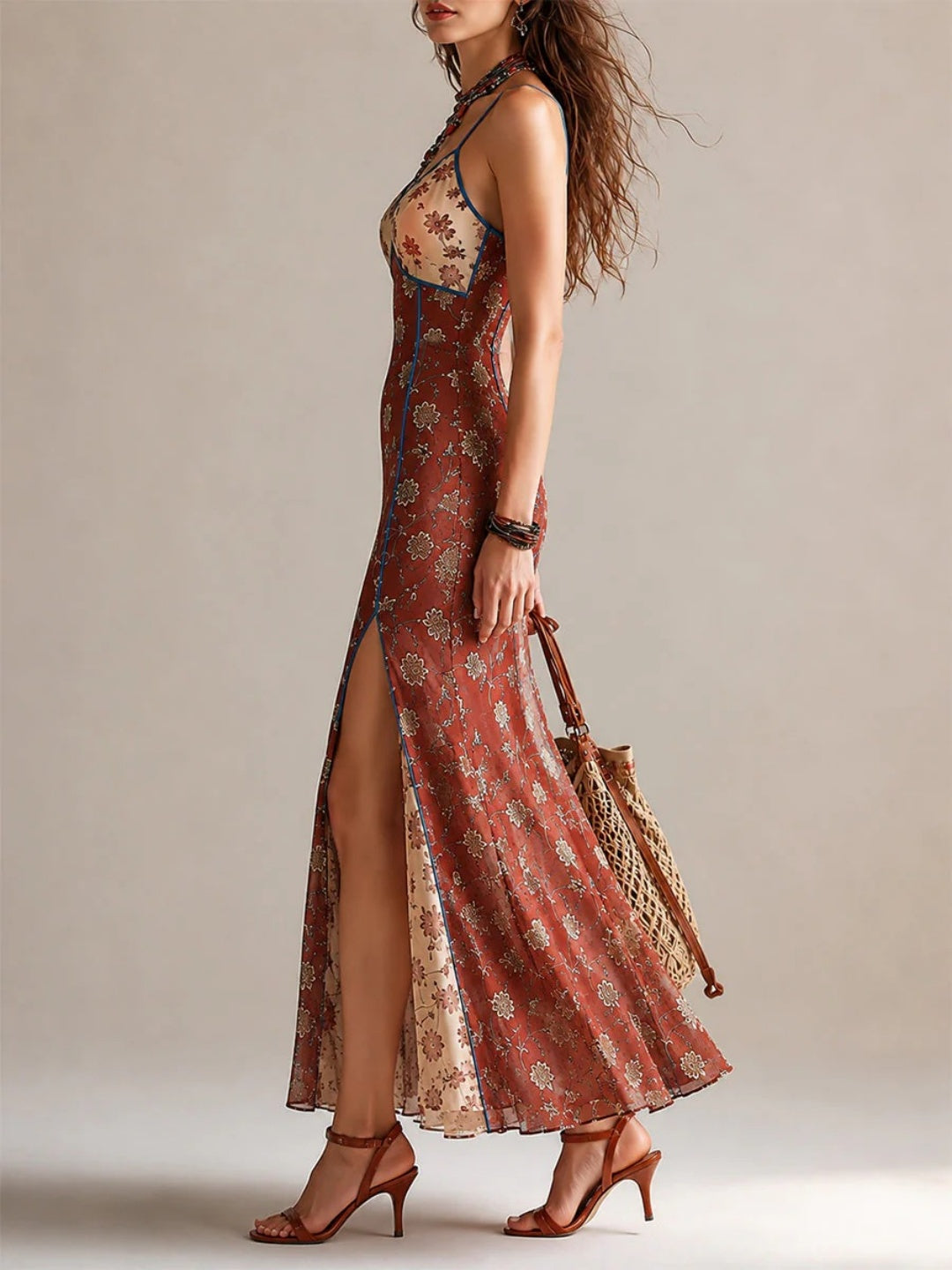 Marina Rust Floral Lace-Trim Slip Maxi Dress