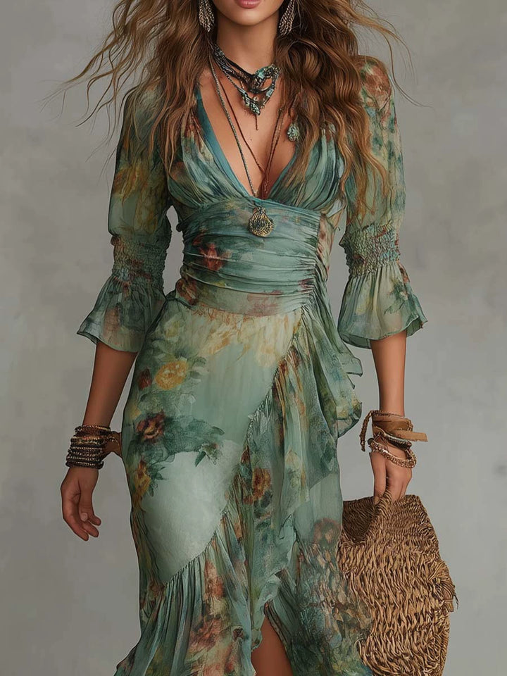 Mira Green Floral Wrap Maxi Dress
