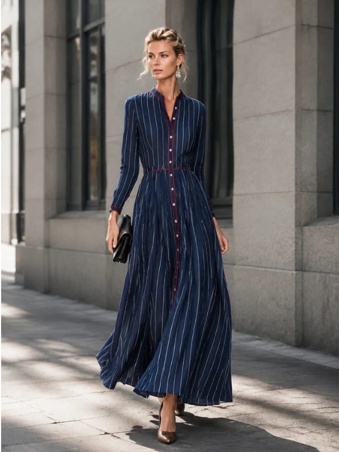 Adriana Pinstripe Pleated Maxi Dress