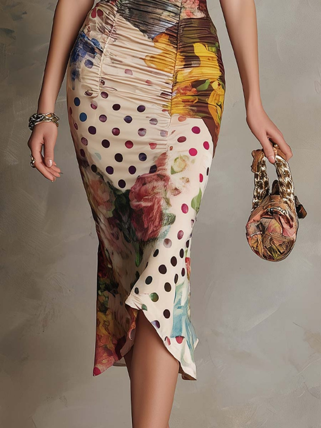 Vittoria Ivory Patchwork Cap-Sleeve Midi Dress