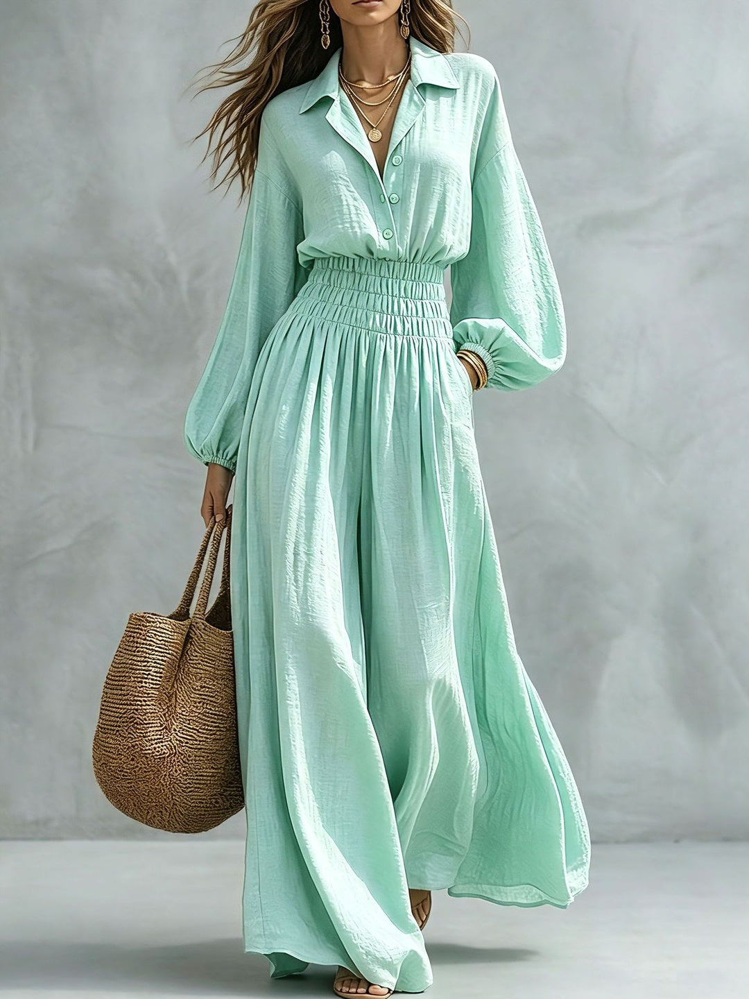 Alba Smocked-Waist Shirt Maxi Dress