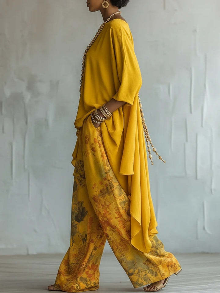 Soleil Mustard Tunic and Floral Harem-Pant Set