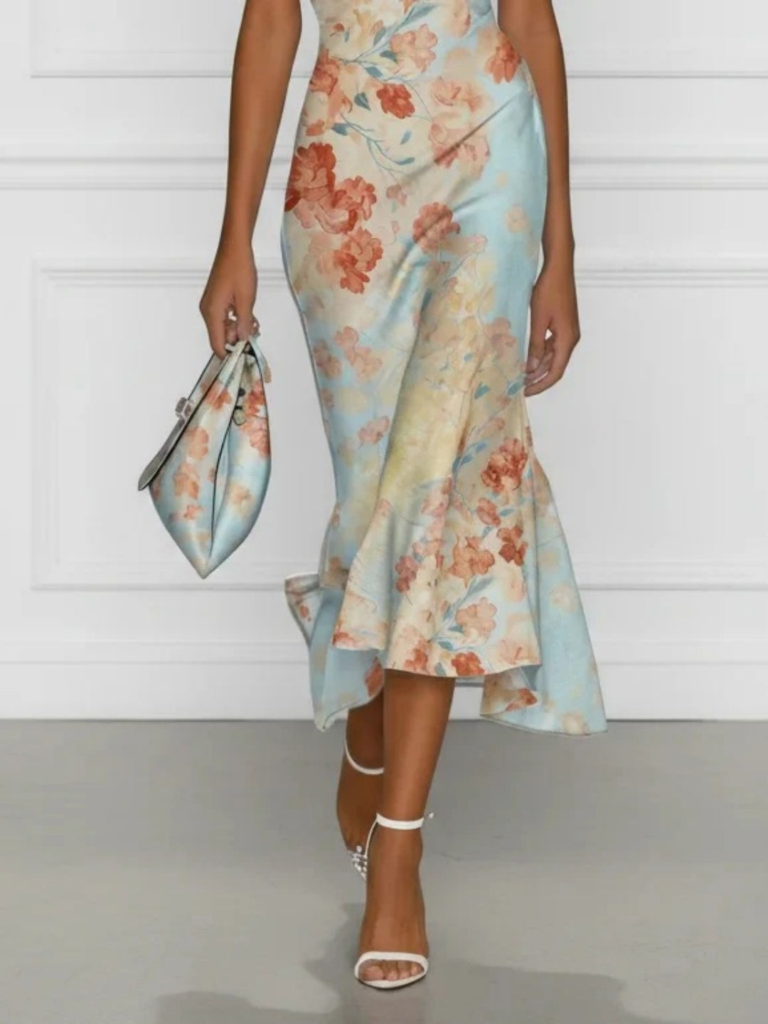 Flora Aqua Floral Off-Shoulder Midi Dress