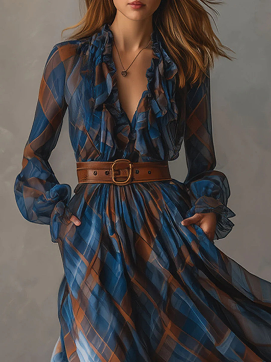 Paloma Blue Rust Print Belted Maxi Dress