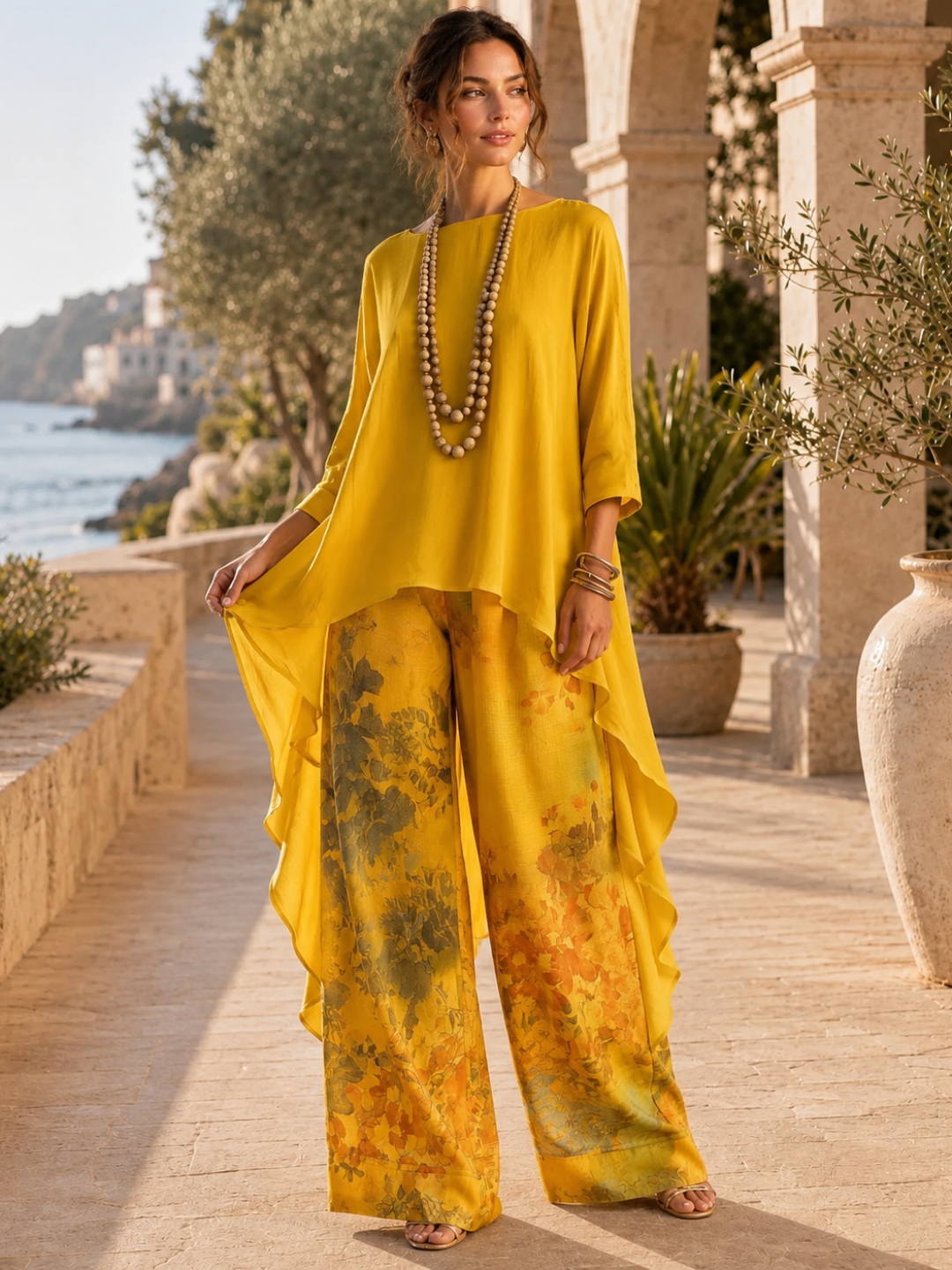 Soleil Blue Tunic and Floral Harem-Pant Set