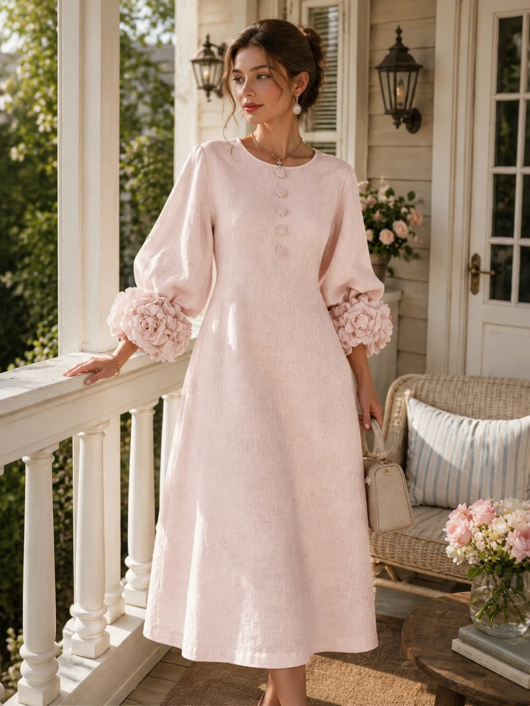Paloma Puff-Sleeve Button Midi Dress