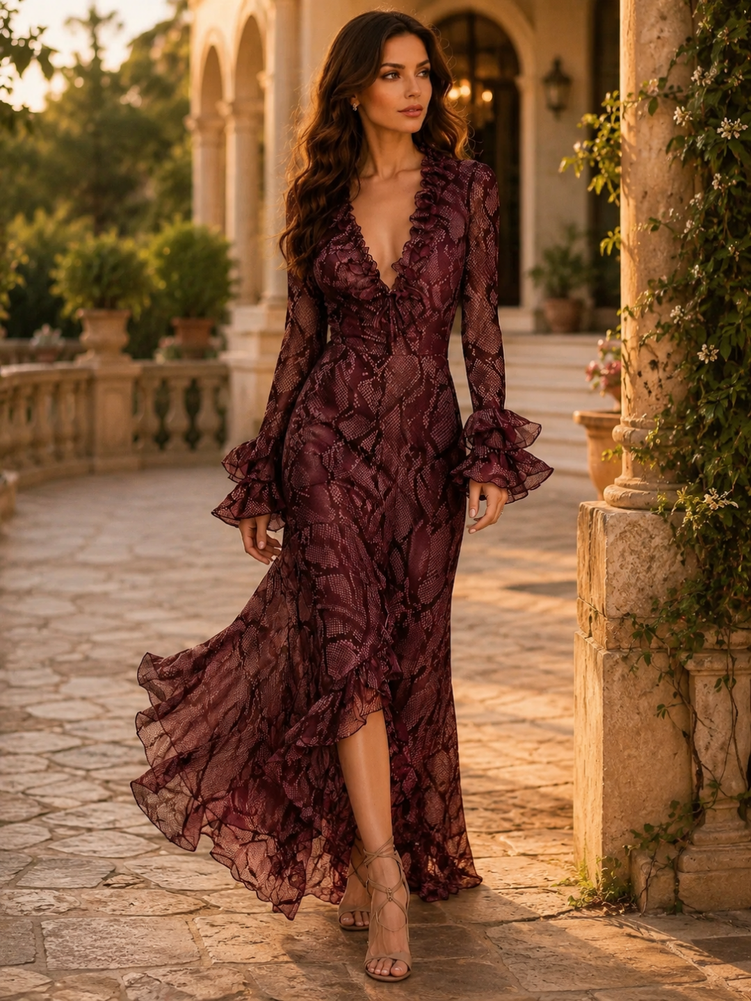 Aurelia Burgundy Floral Ruffle Maxi Dress