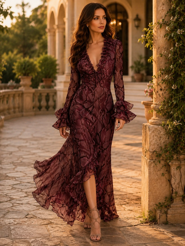 Aurelia Burgundy Floral Ruffle Maxi Dress