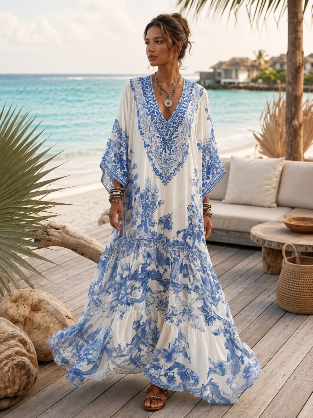 Capri Ivory Blue Embroidered Caftan Maxi Dress