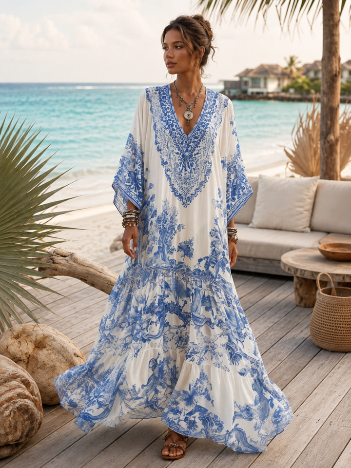 Capri Ivory Blue Embroidered Caftan Maxi Dress