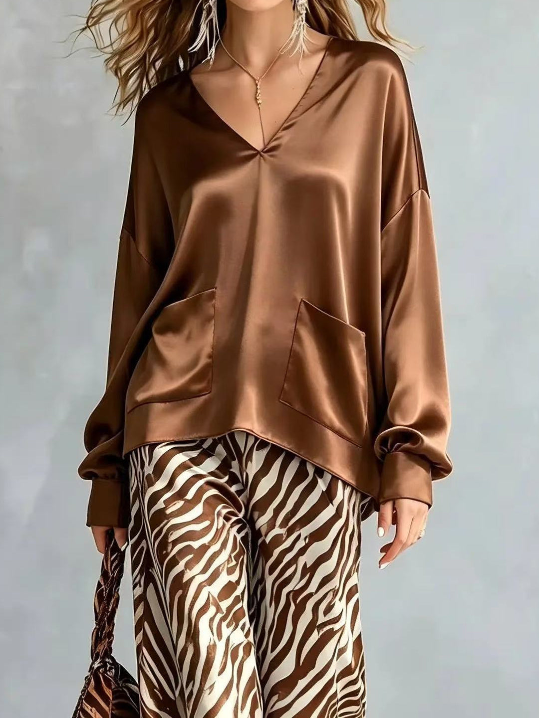 Savina Satin Blouse & Printed Maxi Skirt Set
