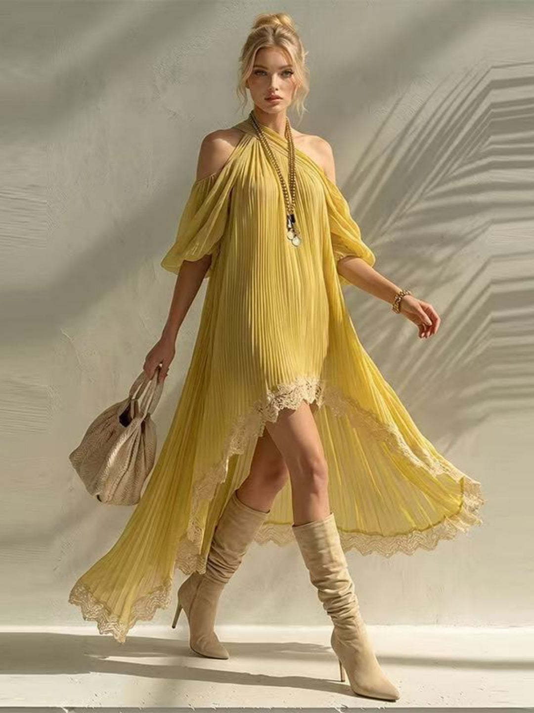Soleil Mustard Halter High-Low Mini Dress