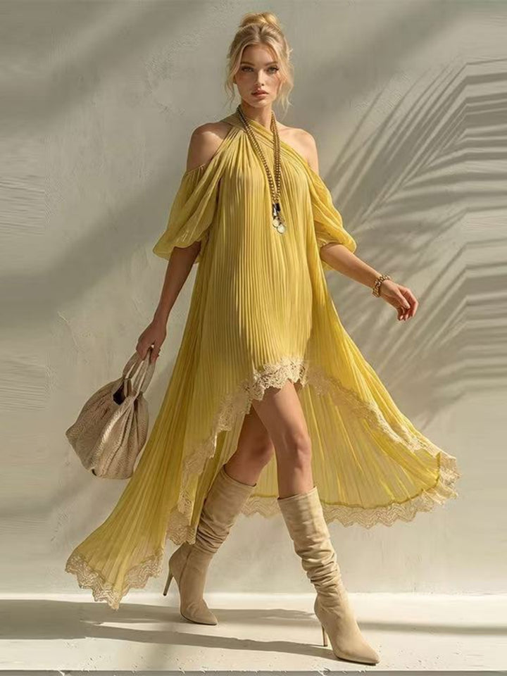 Soleil Mustard Halter High-Low Mini Dress