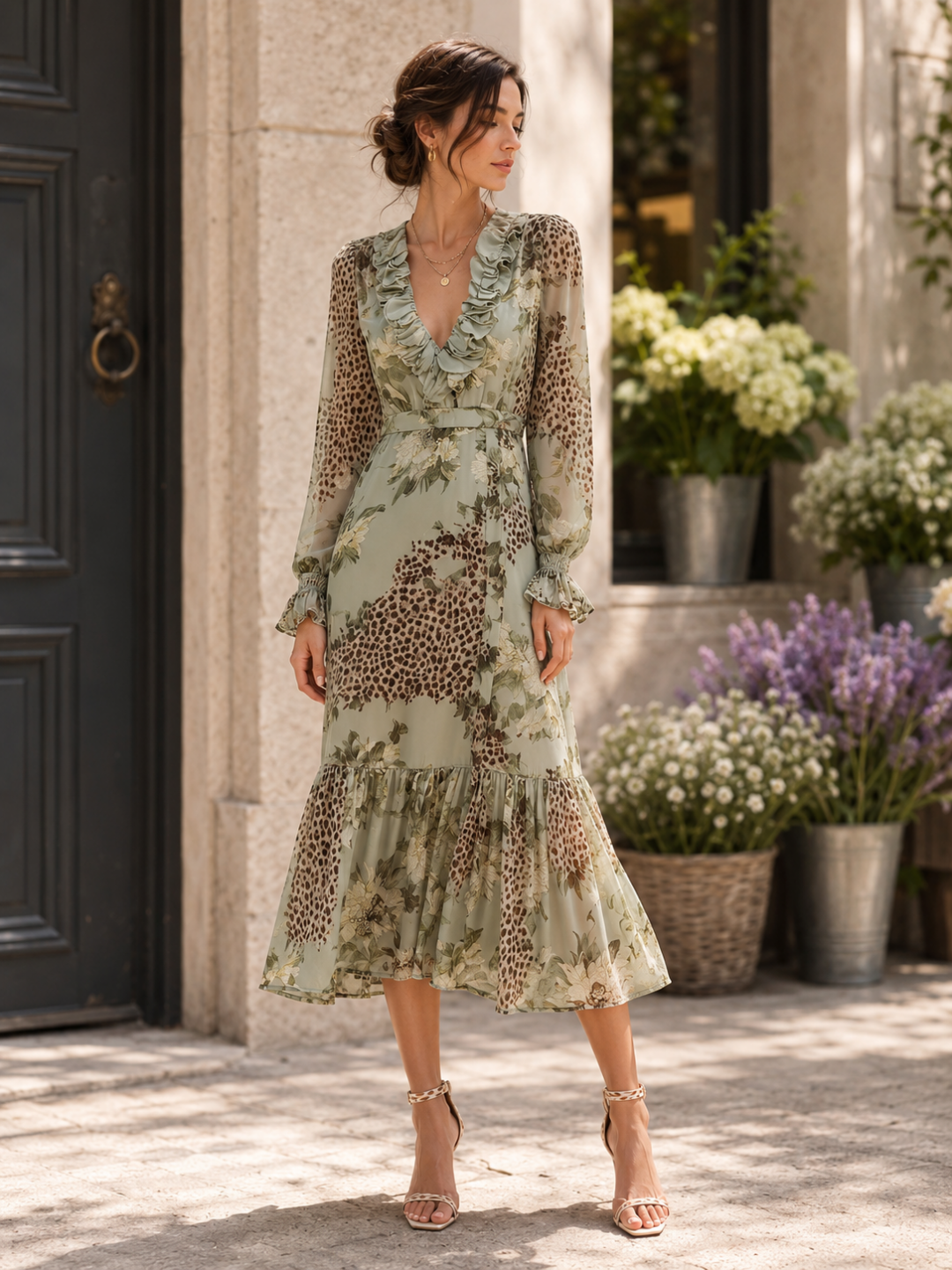 Elena Sage Lace-Panel Botanical Maxi Dress