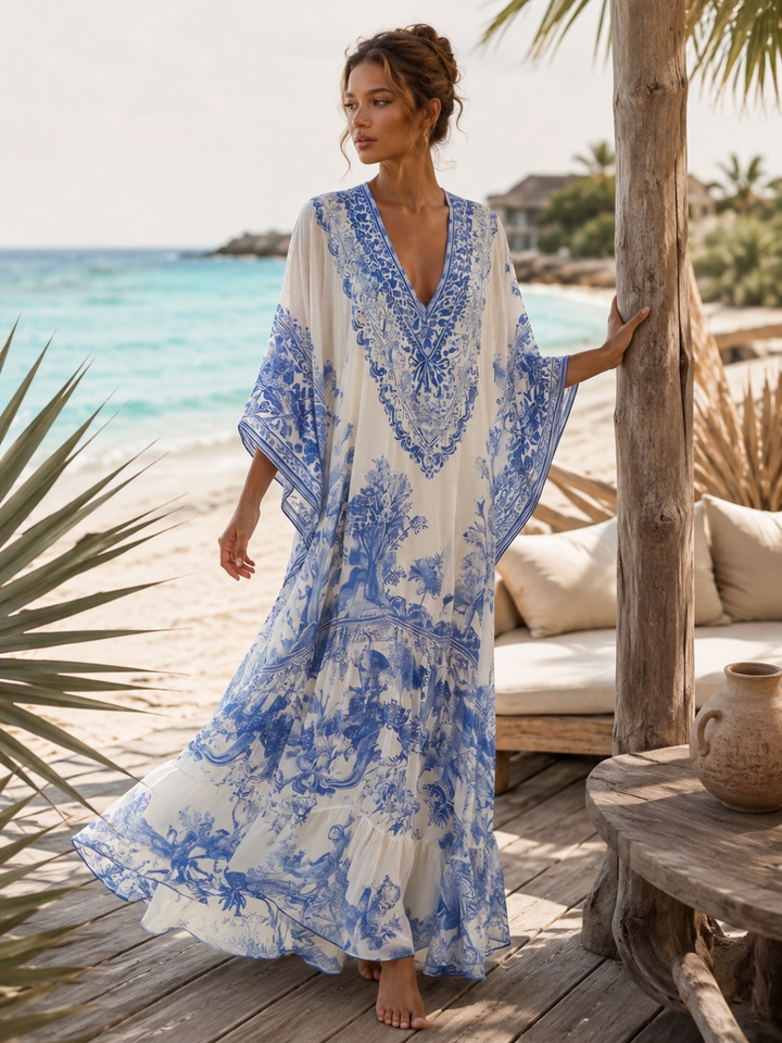 Capri Ivory Blue Embroidered Caftan Maxi Dress