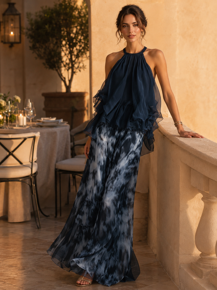 Mila Navy Halter Ruffle Pants Set