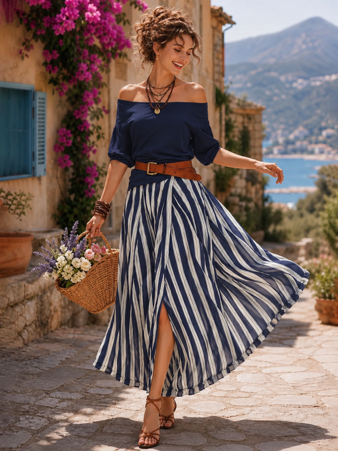 Bella Black Stripe Off-Shoulder Skirt Set