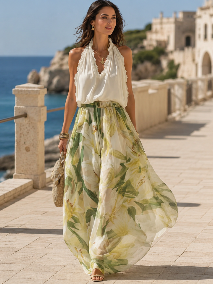 Ayla Ivory Green Floral Resort Pants Set