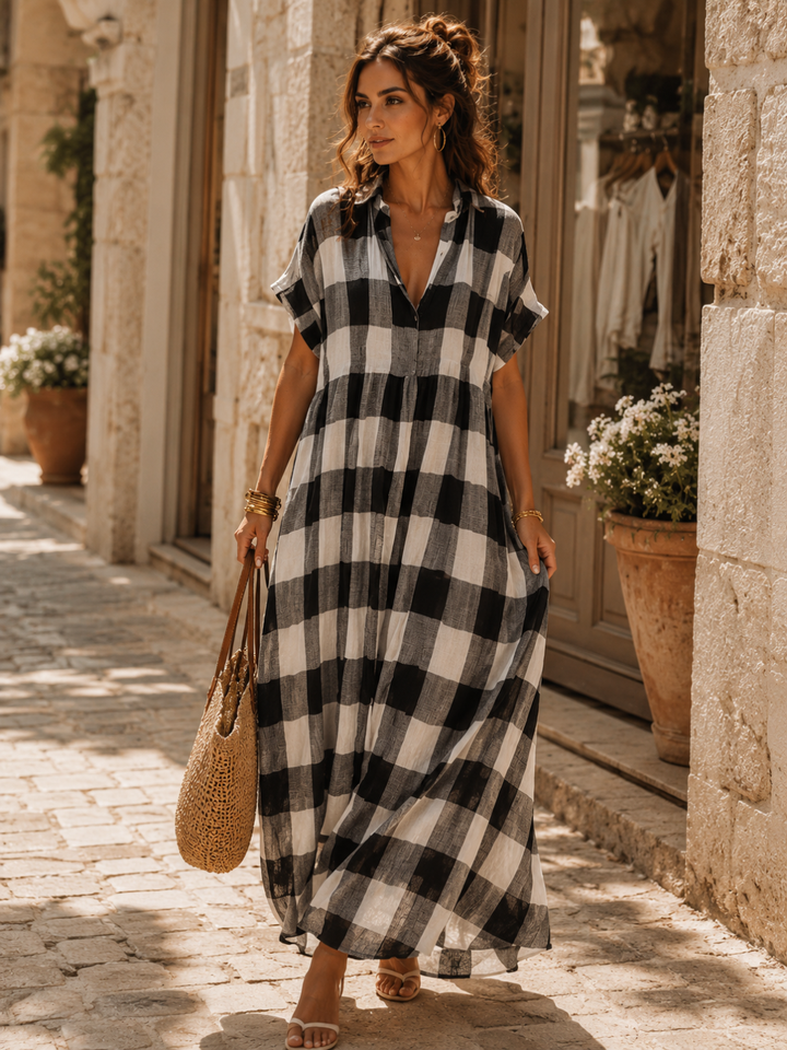 Helena Black White Check Oversized Kaftan Dress