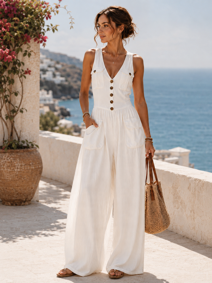 Nadia White Button-Front Jumpsuit