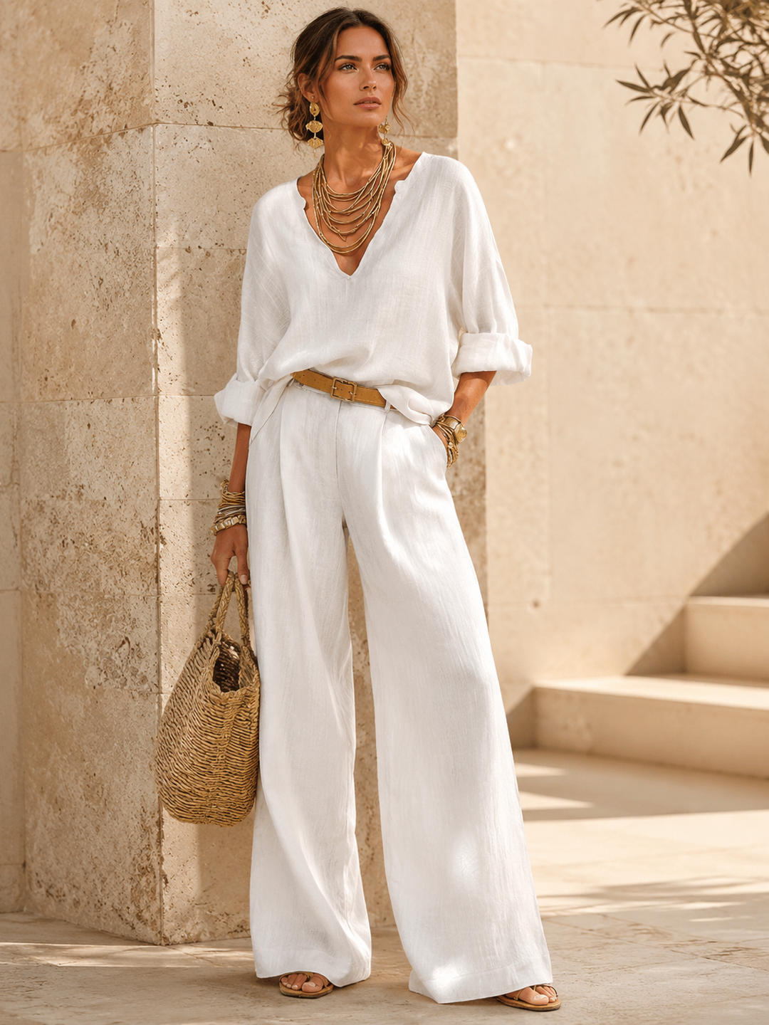 Clara White Wide-Leg Pants Set
