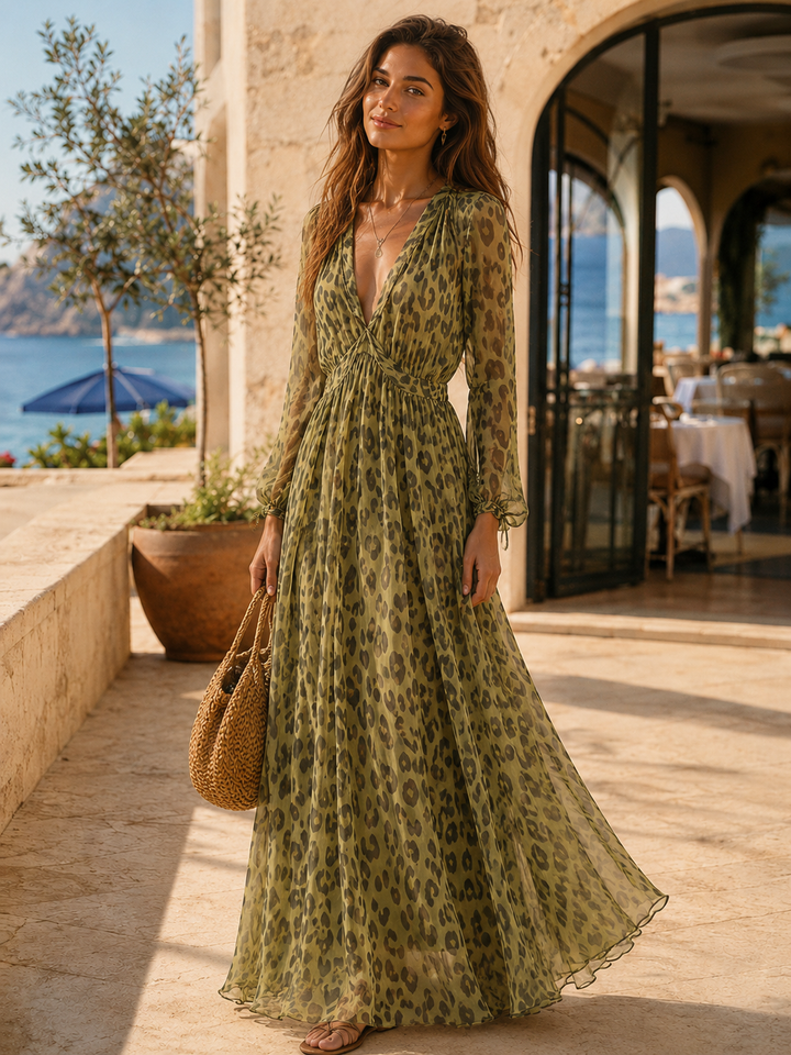 Marella Green Leopard V-Neck Maxi Dress
