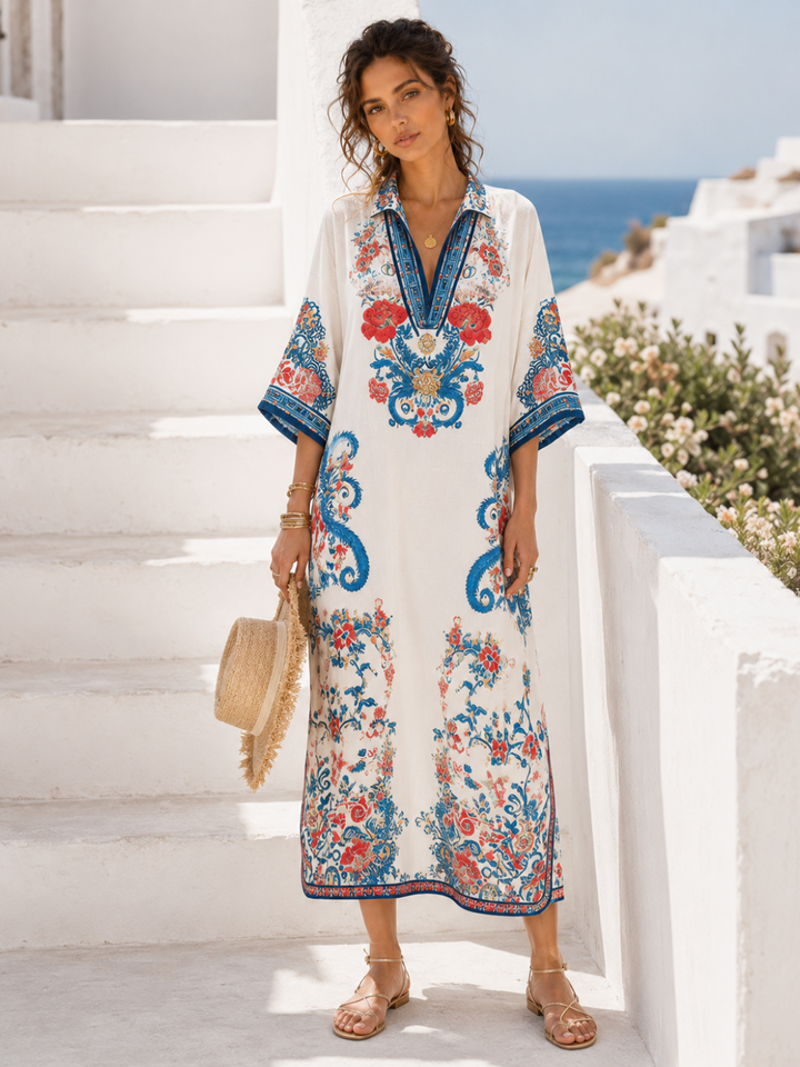 Florence Ivory Blue Embroidered Kaftan Dress